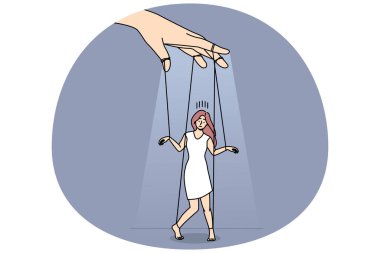 Person holding woman as puppet doll on ropes. Puppeteer control manipulate female character. Manipulation and marionette. Vector illustration.