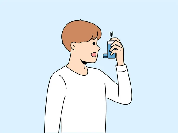 Garçon Utilise Inhalateur Pour Traiter Crise Asthme Raison Difficultés Respiratoires — Image vectorielle