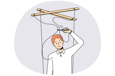 Smiling man with scissors cut ropes free himself from manipulation. Happy man stop being manipulated. Puppeteering and dependence. Vector illustration.