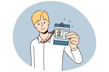 Businessman present ID card in office. Smiling male employee showing personal badge at workplace. Staff document. Vector illustration.