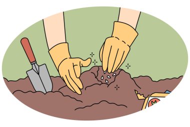 Farmer hands working in ground plating seedling in soil. Person gardener busy at garden with plants and horticulture. Agriculture and farming. Vector illustration.