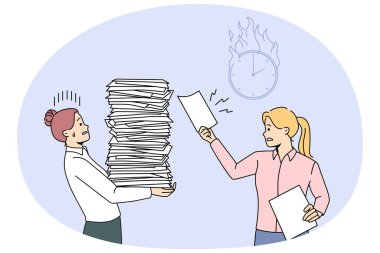 Businesswoman give more work to stressed female employee with stack of papers. Office manager overwhelmed with paperwork. Burnout and fatigue. Vector illustration.