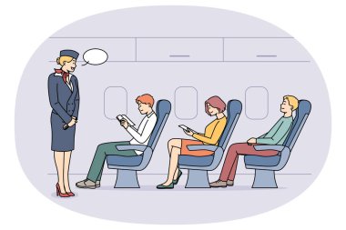 Stewardess talking with passengers on plane. Aircraft staff serving people onboard of aircraft. Aviation service. Vector illustration.