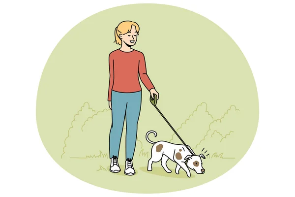 Girl Walking Dog Leash Outdoors Happy Child Pet Enjoying Walk — Stock Vector