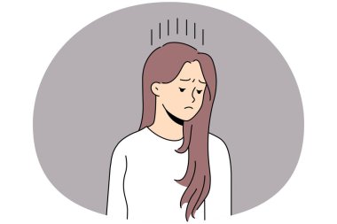 Unhappy young woman feel distressed and down suffer from depression or psychological problems. Upset female struggle with mood swing and loneliness. Vector illustration.