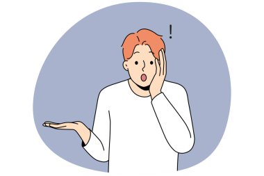 Stunned young man feel shocked by unbelievable news. Amazed male surprised by unexpected information or data. Vector illustration.