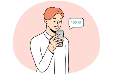 Smiling young man using cellphone collect likes on social media. Happy male look at mobile phone screen get acknowledgment from subscribers. Vector illustration.