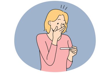 Stunned woman looking at test get to know about pregnancy. Surprised woman shocked with pregnancy news. Vector illustration.