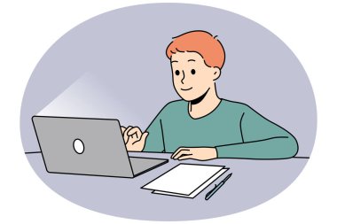 Happy boy child sit at desk studying online on computer. Smiling kid use laptop having remote class at home. Distant education. Vector illustration.