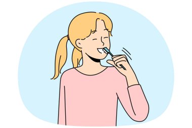 Smiling girl brushing teeth take care of oral hygiene. Happy child morning daily routine clean tooth. Healthcare and childcare. Vector illustration.