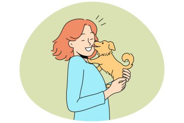 Happy young woman with cute dog in hands. Funny puppy lick smiling female owner show love and affection. Domestic animals. Vector illustration.