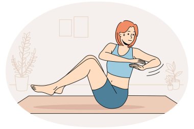 Young woman sweating doing exercises training on mat at home. Sportive motivated girl do sport workout indoors. Physical activity. Vector Illustration.
