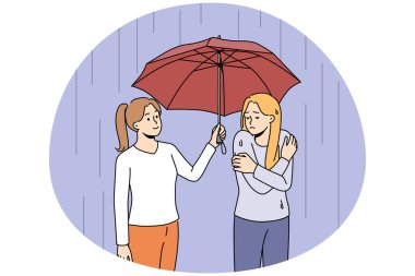 Happy caring woman help unhappy wet friend share umbrella. Smiling attentive female show support to upset girl on rain on street. Vector illustration.