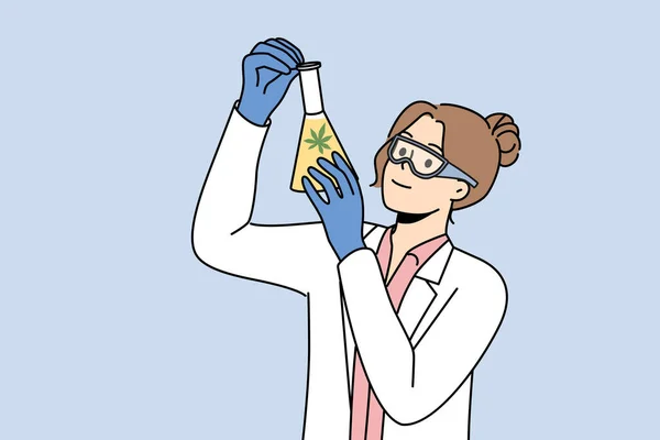 Asisten Laboratorium Wanita Dengan Minyak Ganja Dalam Tabung Percobaan Mengeksplorasi - Stok Vektor