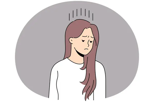 stock vector Unhappy young woman feel distressed and down suffer from depression or psychological problems. Upset female struggle with mood swing and loneliness. Vector illustration.