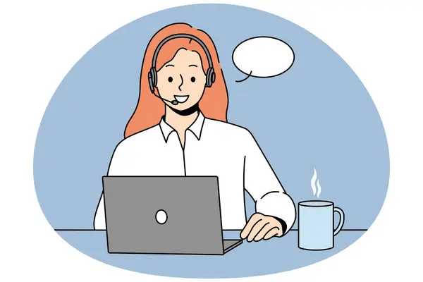Smiling Woman Headset Sit Desk Talk Video Call Computer Happy —  Vetores de Stock