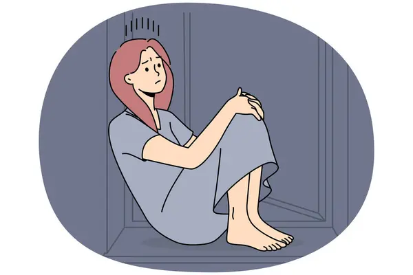 Unhappy Woman Sit Windowsill Suffer Loneliness Solitude Upset Sad Girl — 스톡 벡터