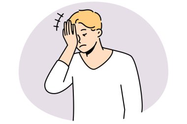 Frustrated man making face palm gesture feeling embarrassed. Anxious male remember things feel stressed or confused. Vector illustration.