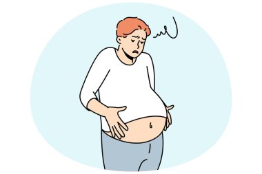 Unwell man suffer from indigestion. Unhealthy male struggle with stomach flatulence. Healthcare and bowel problem. Vector illustration.