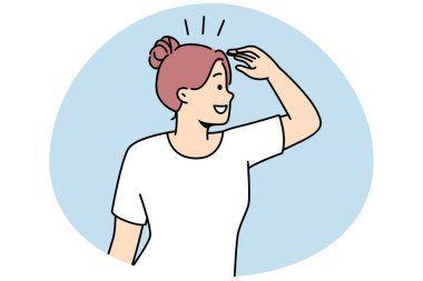 Yeni bir bakış açısı ve fırsatlar arayan gülümseyen kadın. Mutlu kadın gelmek için en iyisini bekliyor. Vektör illüstrasyonu.