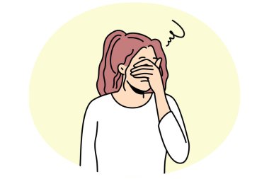 Mutsuz, genç bir kadın gözlerini kapatıyor. Tekrar eden düşüncelerden ya da aşırı düşünmekten depresyona giriyor. Ruhsal ya da psikolojik sorunlarla boğuşan üzgün bir kız. Vektör illüstrasyonu.