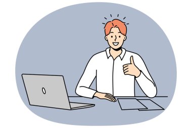 Smiling young businessman sit at office desk work on computer show thumb up. Smiling male employee recommend good workplace or company. Vector illustration. clipart