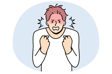 Furious young man clench fists struggle with madness or panic. Angry male feeling emotional and enraged. Rage and emotion control. Vector illustration.