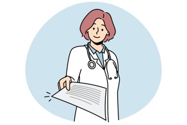 Smiling female doctor in medical uniform give paperwork from hospital. Happy woman nurse or GP stretch hand with document or letter. Vector illustration.