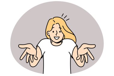 Smiling young woman talking with camera. Happy millennial girl feel joyful and uplifted making hands gestures. Vector illustration.
