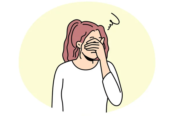 Mujer Joven Infeliz Cubrir Los Ojos Sienten Deprimidos Sufren Pensamientos — Vector de stock