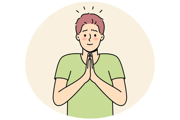 Smiling Young Man Hands Prayer Ask Forgiveness Male Join Hands — Stock Vector