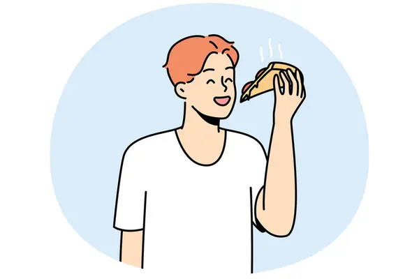 Jovem Sorridente Comer Uma Fatia Pizza Cara Feliz Desfrutar Delicioso — Vetor de Stock