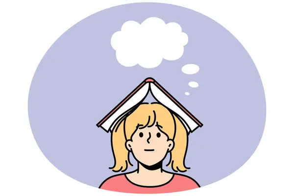 Small Girl Book Head Dreaming Fantasizing Little Child Enjoy Literature — Vetor de Stock