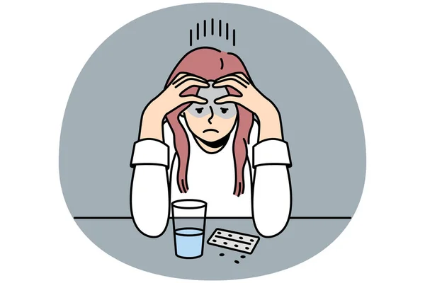 Frustrated Young Woman Sit Desk Thinking Taking Pills Unhappy Confused — Stok Vektör