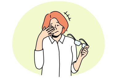 Unhealthy woman take off glasses suffer from migraine. Unwell female struggle with dizziness or blurry vision. Sight problem and healthcare. Vector illustration.