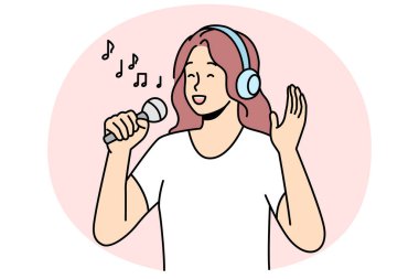 Happy woman in headphones and microphones singing. Smiling girl have fun enjoy karaoke entertainment with mic and earphones. Hobby and music. Vector illustration.