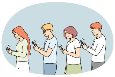 Elinde akıllı telefonlar olan, alet bağımlısı gençler. Cep telefonu bağımlısı erkekler ve kadınlar. Teknoloji ve modern dünya. Vektör illüstrasyonu.