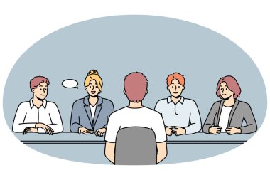 İş görüşmesinde asker toplama ekibiyle konuş. Erkek iş adayı ya da iş konuşmasında başvuran kişi. İş ve İnsan Kaynakları. vektör illüstrasyonu.