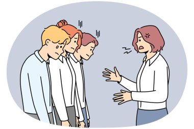 Öfkeli iş kadını çığlığı attı ve iş yerindeki çalışanları azarladı. Kızgın otoriter kadın patron bağırıp mutsuz işçilere nutuk çekiyor. Vektör illüstrasyonu.