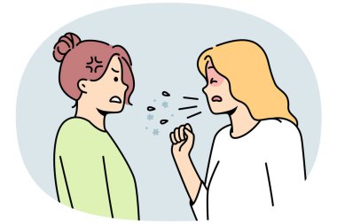 Unhealthy woman cough share disease to friend or colleague. Sick unwell female suffer from covid or cold infect girl standing near. Contagious sickness. Vector illustration.