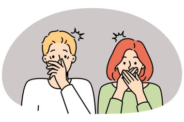 Shocked couple cover mouth stunned by unbelievable news. Amazed man and woman surprised by unexpected message. Vector illustration.