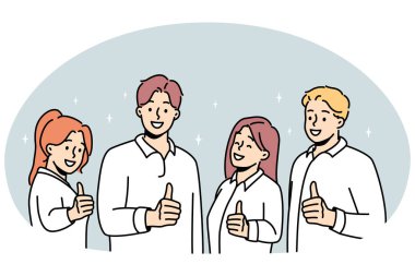 Smiling people showing thumbs up give recommendation to service. Happy team recommend good quality course or work. Employment concept. Vector illustration.