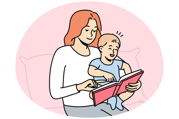 Щаслива Дбайлива Молода Мати Маленькою Дитиною Читає Книгу Разом Посміхаючись — стоковий вектор