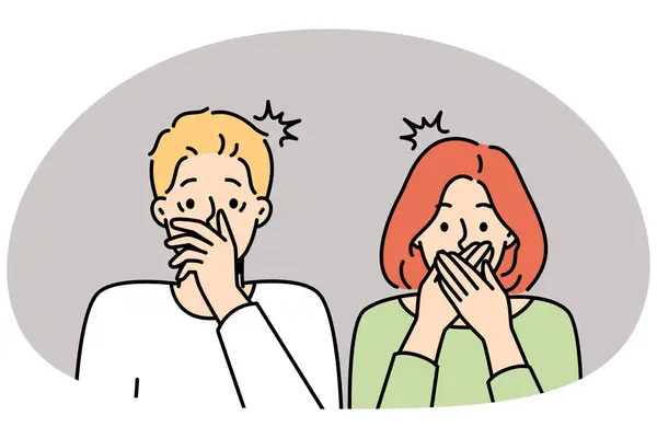 Shocked Couple Cover Mouth Stunned Unbelievable News Amazed Man Woman - Stok Vektor