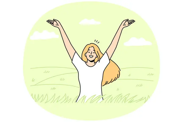 Overjoyed Young Woman Field Feeling Joyful Optimistic Smiling Girl Relax — Image vectorielle