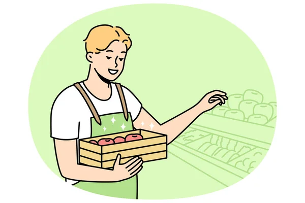 Man Uniform Working Supermarket Male Employee Busy Fruit Shop Store — Stock Vector