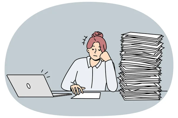 Tired Unmotivated Businesswoman Sit Desk Pile Paperwork Exhausted Female Employee — Vetor de Stock