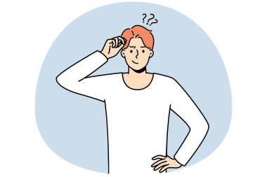 Hüsrana uğramış genç adam, sorunu çözmeyi düşünüyor. Düşünceli adam kafası karışık ve sorun ya da sorun çözme konusunda şüpheci. İkilem. Vektör illüstrasyonu.