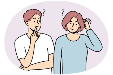 Confused man and woman thinking solving problem together. Frustrated couple feel unsure or doubtful look for solution or decision. Vector illustration. clipart