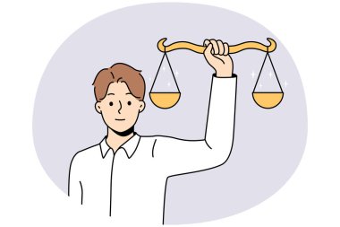 Elinde terazi tutan adam dengesini gösteriyor. Ağırlığı olan erkek, adalet ve hukuku gösterir. İnsan hakları kavramı. Vektör illüstrasyonu.